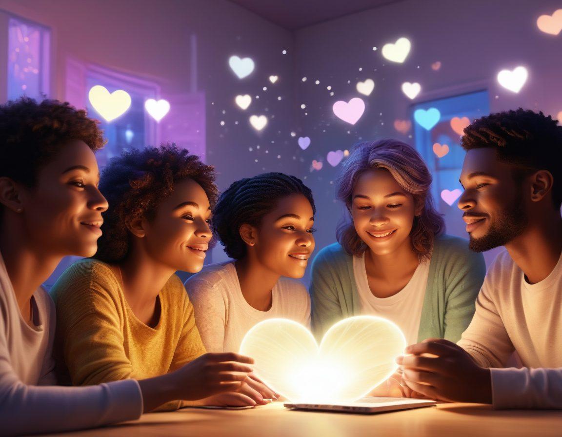 A digital illustration depicting a warm, inviting online community with diverse individuals sharing their stories in a virtual support group setting. Ethereal light beams connecting people symbolize hope and healing, while soft, comforting colors evoke feelings of solace. Include elements like chat bubbles, hearts, and a glowing computer screen to enhance the connection theme. super-realistic. vibrant colors. calming atmosphere.