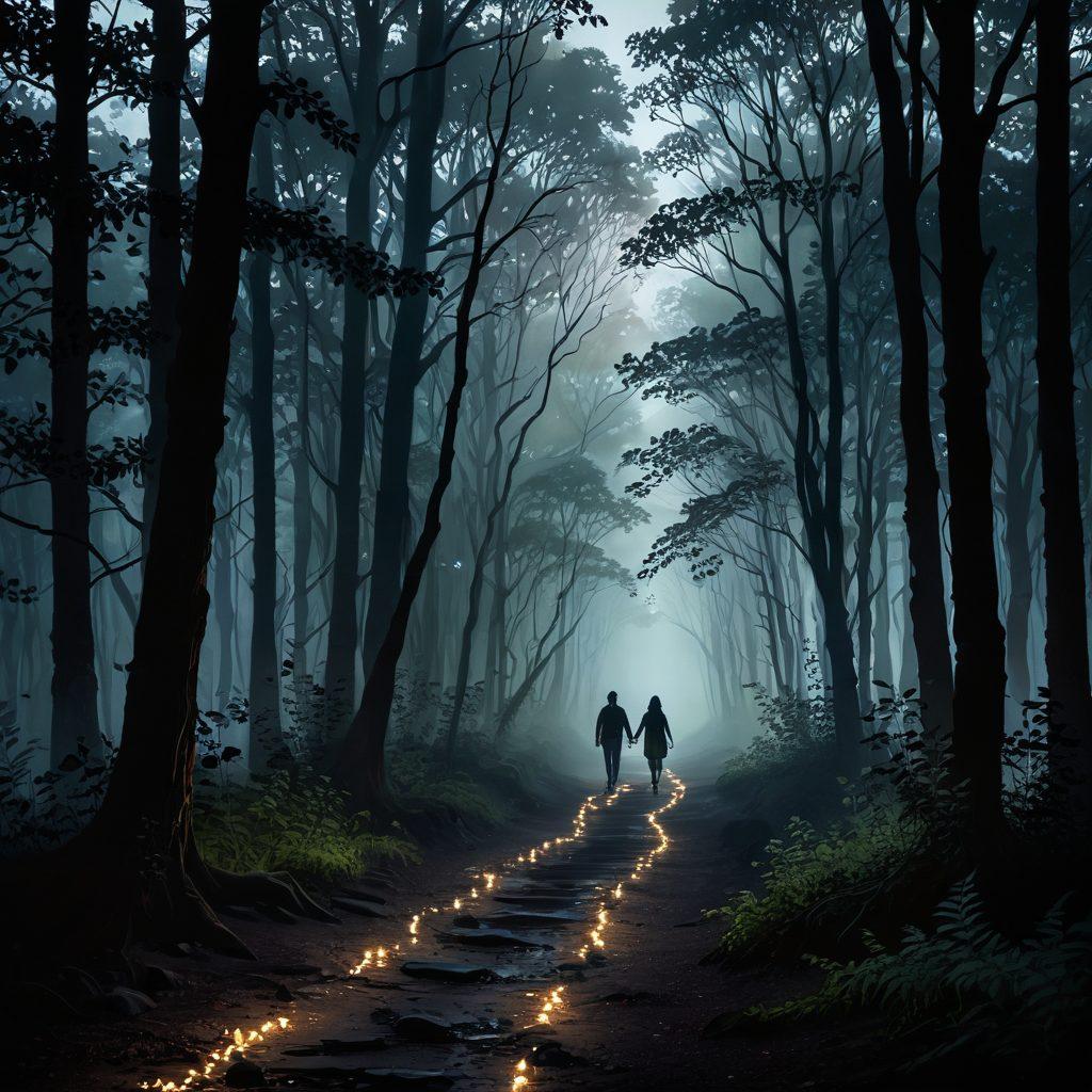 A dimly lit pathway winding through a dense forest, with silhouettes of diverse people holding hands and supporting each other. Ethereal light bubbles gently floating around, symbolizing hope amidst sorrow. Shadowy trees surrounding the path to create a mood of melancholy but also unity. Soft, muted colors with gentle contrasts to evoke a sense of calm and reflection. super-realistic. ethereal lighting. moody atmosphere.