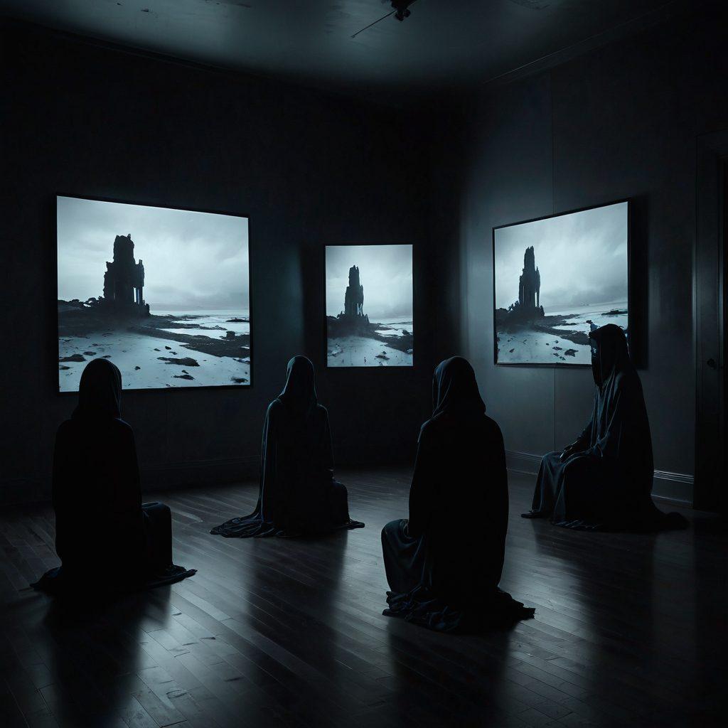 A somber digital landscape showcasing a dimly lit room filled with flickering screens displaying abstract representations of sadness and isolation. Shadows creeping into the corners, with ghostly figures of users interacting with the screens, reflecting their emotional struggles. A muted color palette dominated by shades of blue and gray emphasizes the feelings of melancholy. surreal art. dark tones. high contrast.